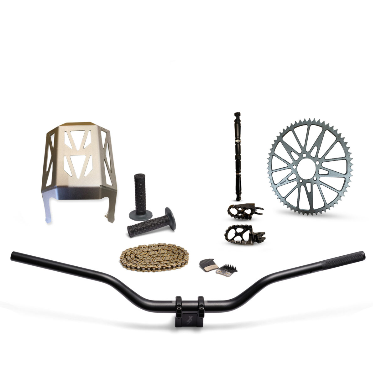 Talaria essential kit containing riser bar, handle bars, brakes foot pegs sprocket, gripes, bash plate, rear fender, chain